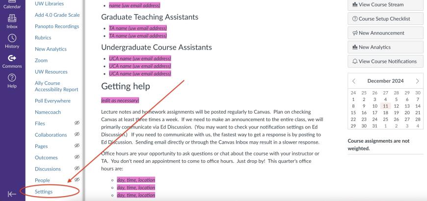 Canvas Course page with Settings highlighted