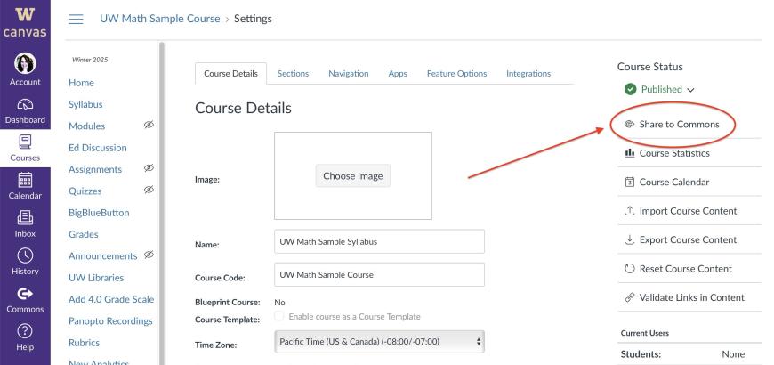 Canvas Course Settings page with &quot;Share to Commons&quot; highlighted.