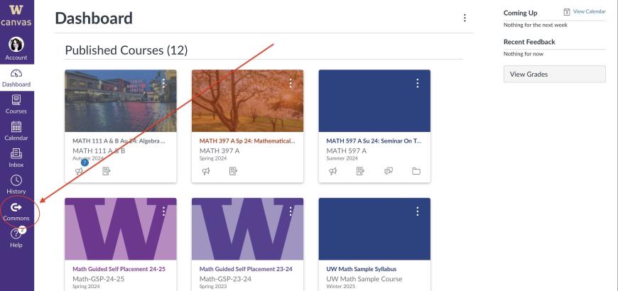 Canvas Dashboard with Canvas Commons link highlighted