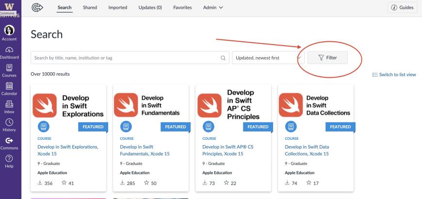 Canvas Commons home page with Filter button highlighted.