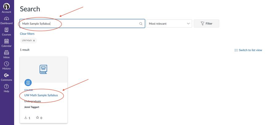 Canvas Commons filtered results with search bar and Math Sample Syllabus course highlighted