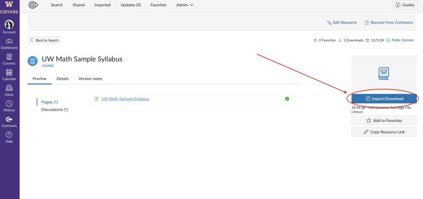 UW Math Sample Syllabus page with Import/Download button highlighted.